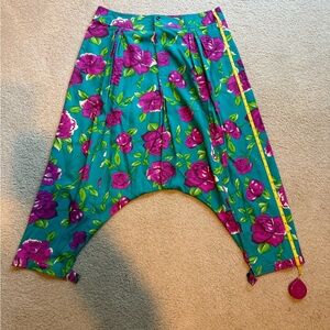 Betsey Johnson Runway Teal Silk Harem Pants with Magenta Floral Print